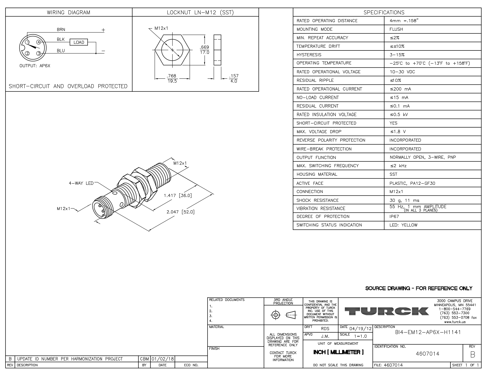 Turck BI4-EM12-AP6X-H1141 Data Sheet