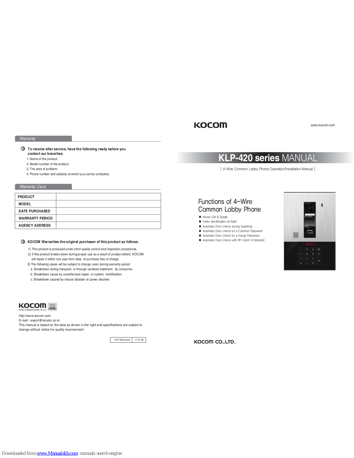 KOCOM KLP-420 series, KLP-420R, KLP-C420, KLP-C420R Manual Manual - ManualMachine.com