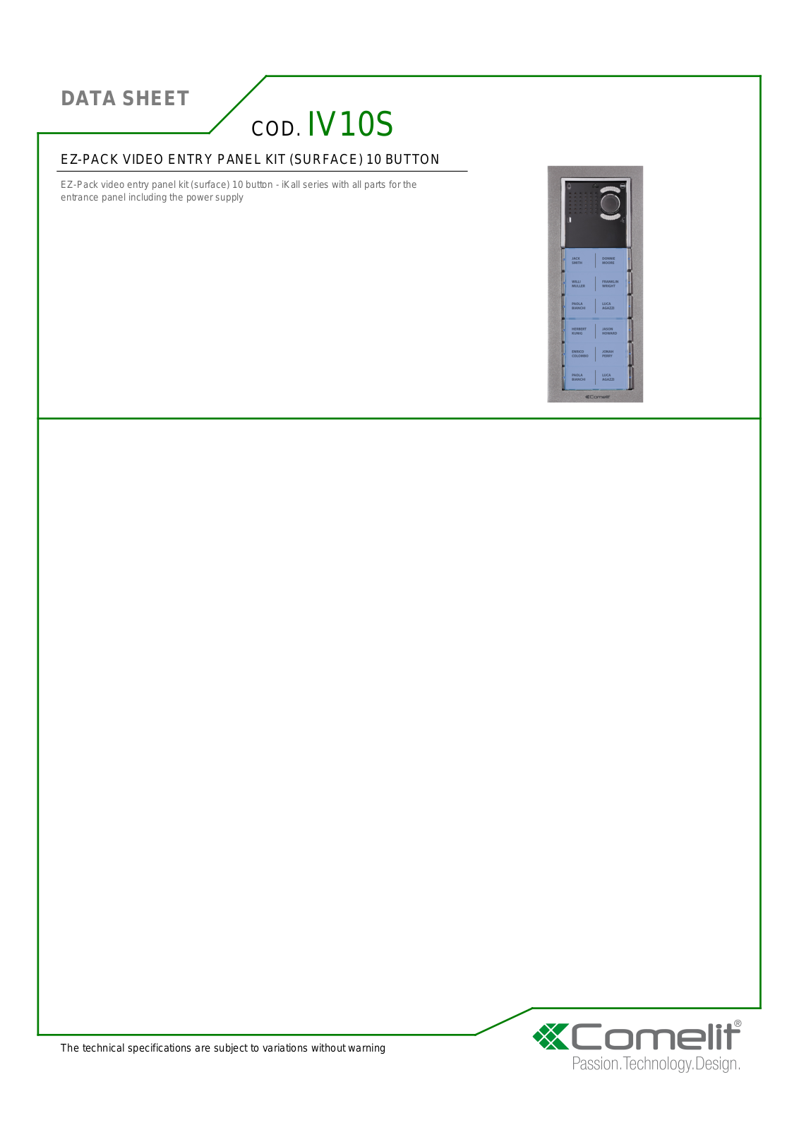 Comelit IV10S Specsheet