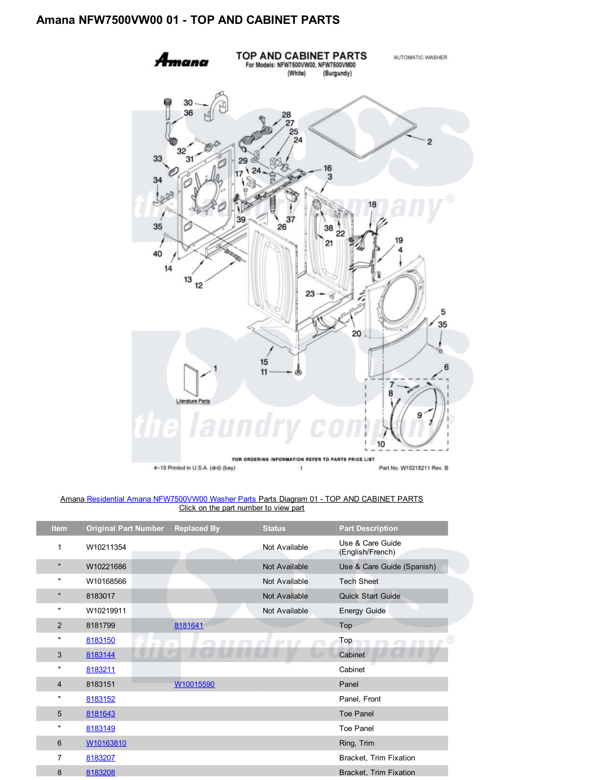 Amana NFW7500VW00 Parts Diagram