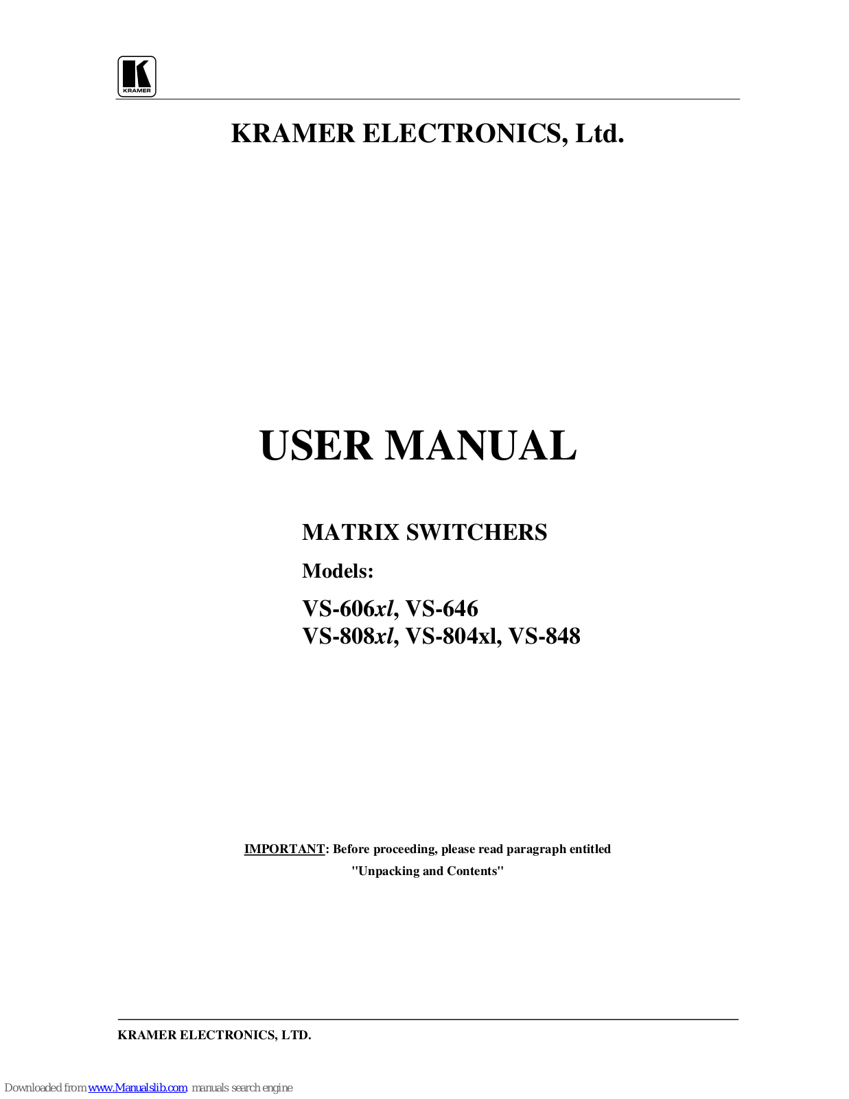 Kramer VS-606xl, VS-646, VS-808xl, VS-804xl, VS-848 User Manual