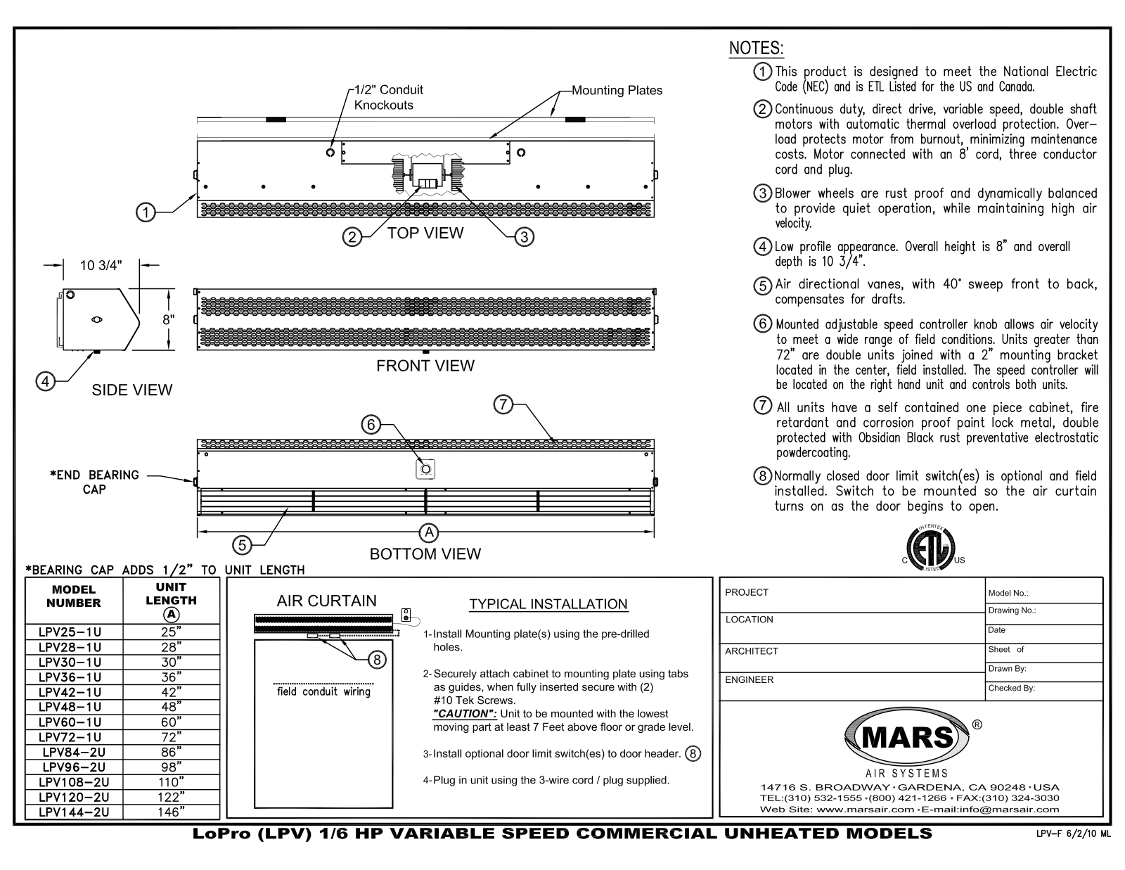 Mars Air LPV144-2U, LPC144-2U User Manual