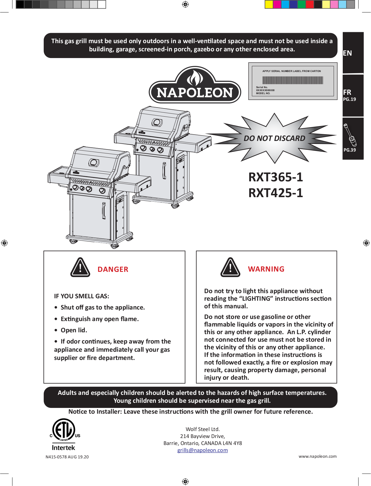 Napoleon RXT365-1, RXT425-1 User Manual