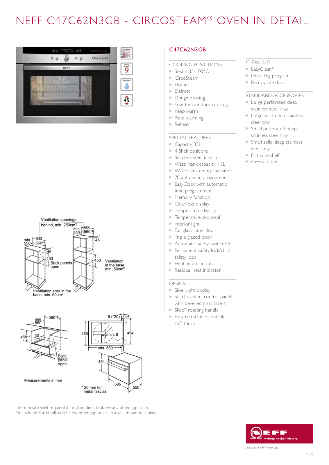 NEFF C47C62N3GB Specifications Sheet