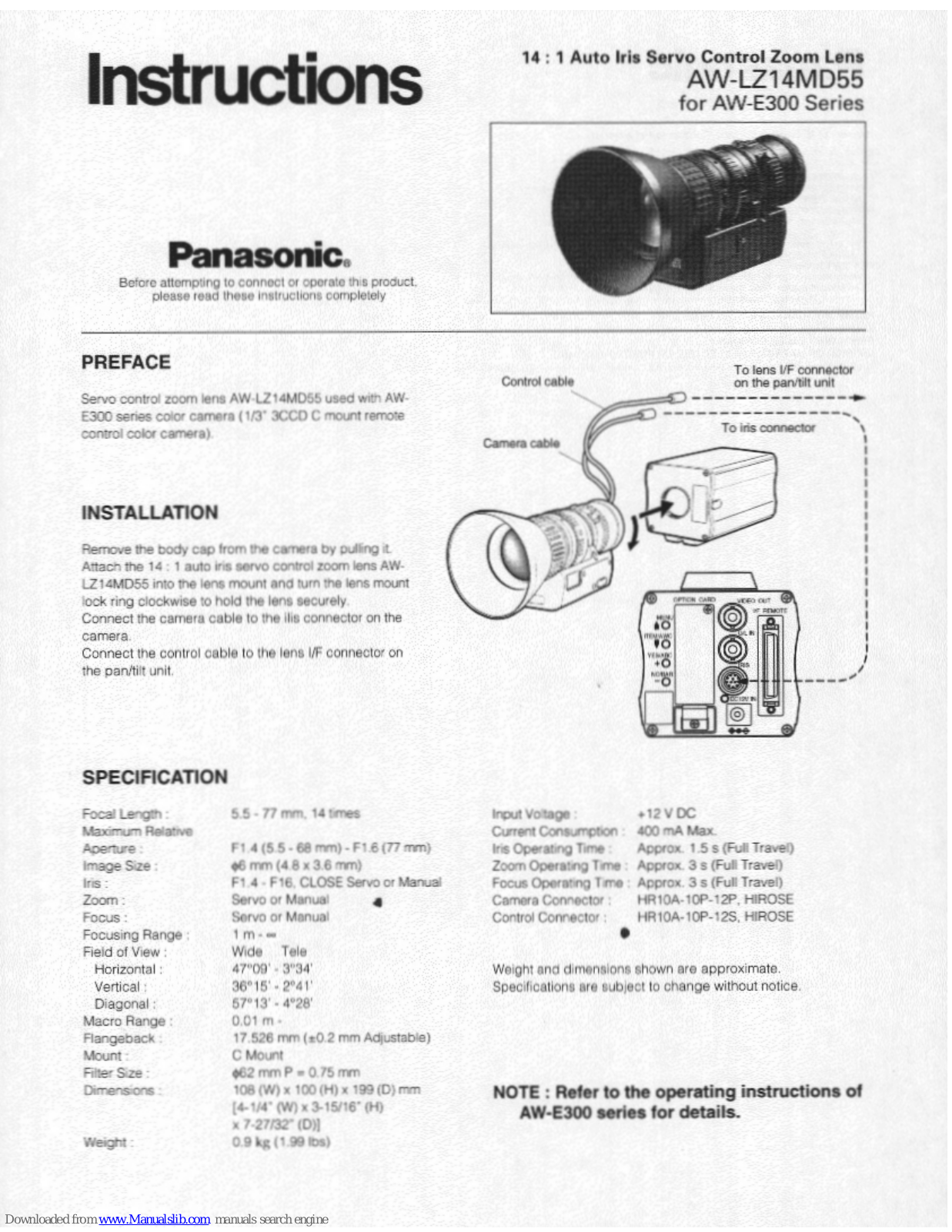 Panasonic AW-LZ14MD, AW-LZ14MD55 Instructions Manual