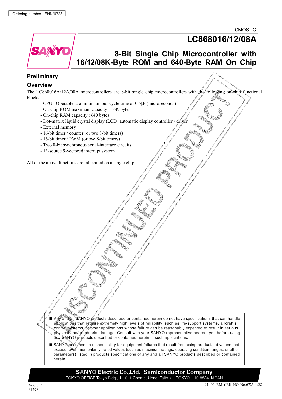 Sanyo LC868008A, LC868012A Specifications