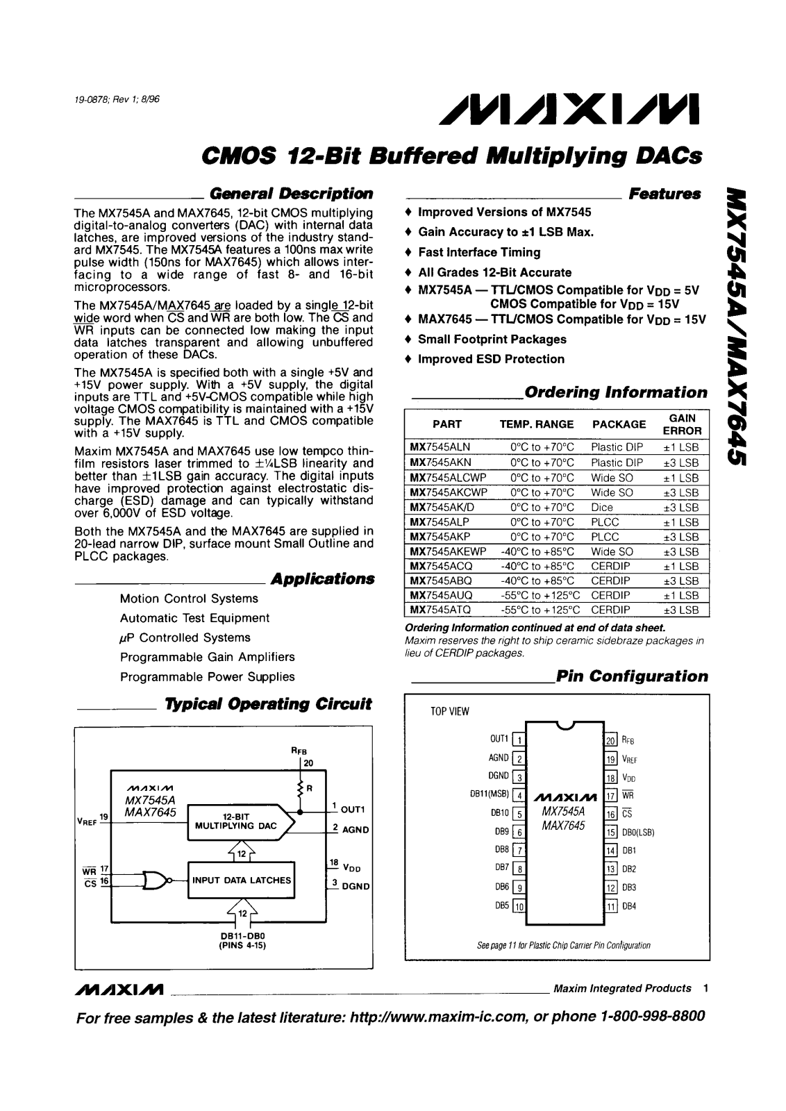 Maxim MAX7645BCQP, MAX7645BCWP, MAX7645AEJP, MAX7645AMJP, MAX7645B-D Datasheet