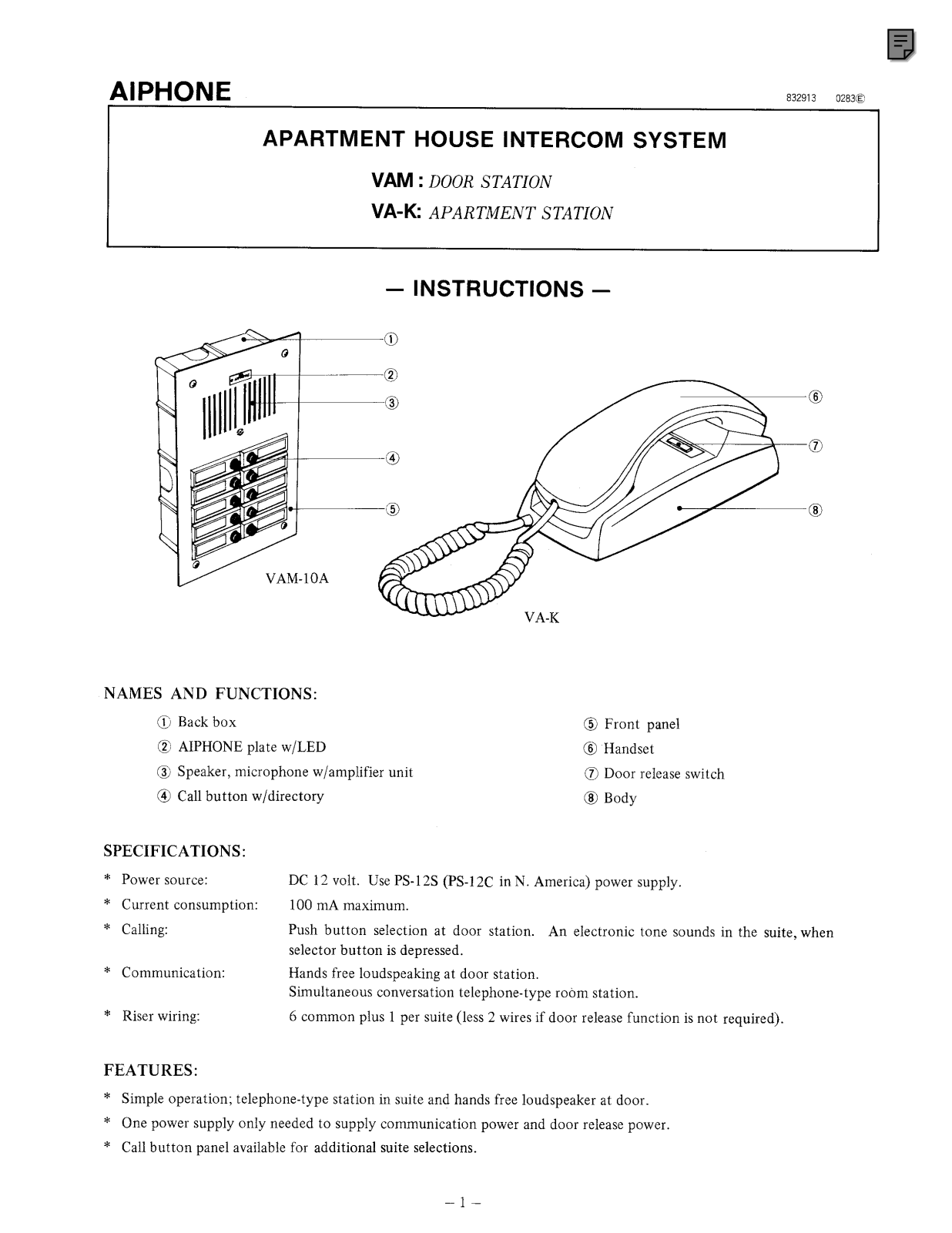 Aiphone VA-K Instruction