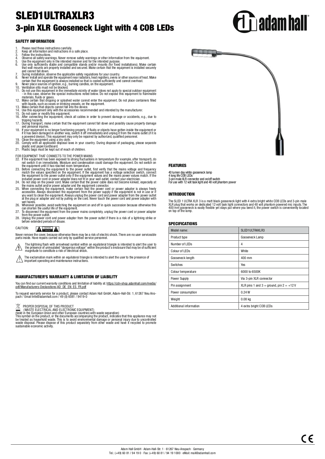 Adam Hall SLED1ULTRAXLR3 User manual