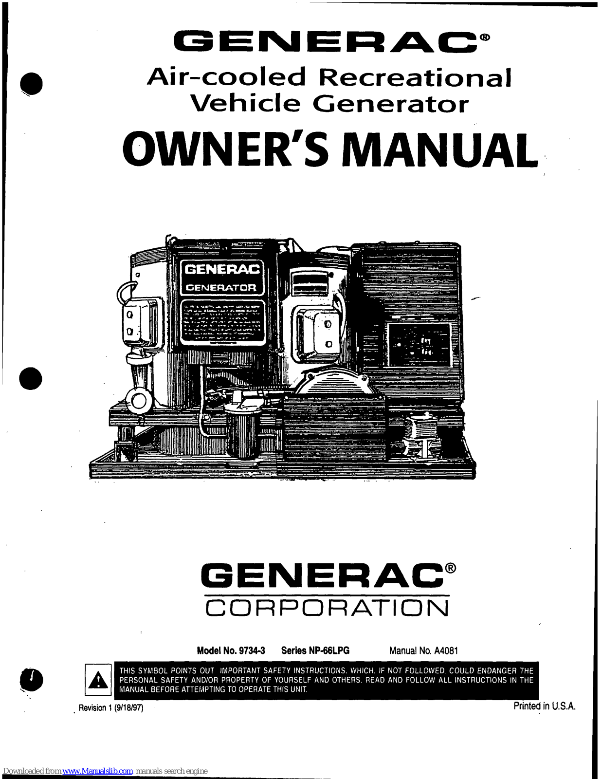 Generac Power Systems Air-cooled Recreational Vehicle Generator 9734-3, NP-66LPG Series Owner's Manual