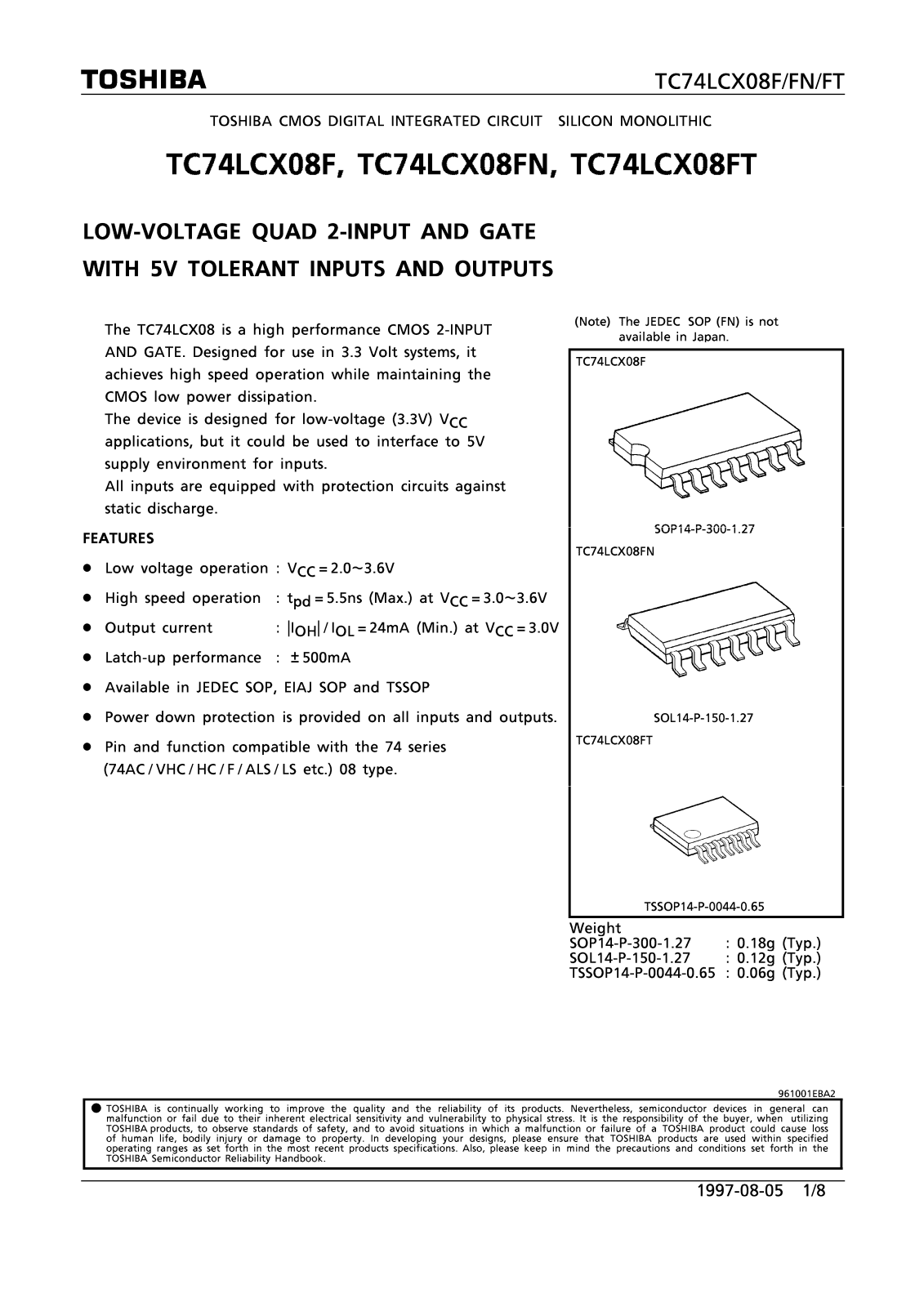 TOSHIBA TC74LCX08F, TC74LCX08FN, TC74LCX08FT Technical data