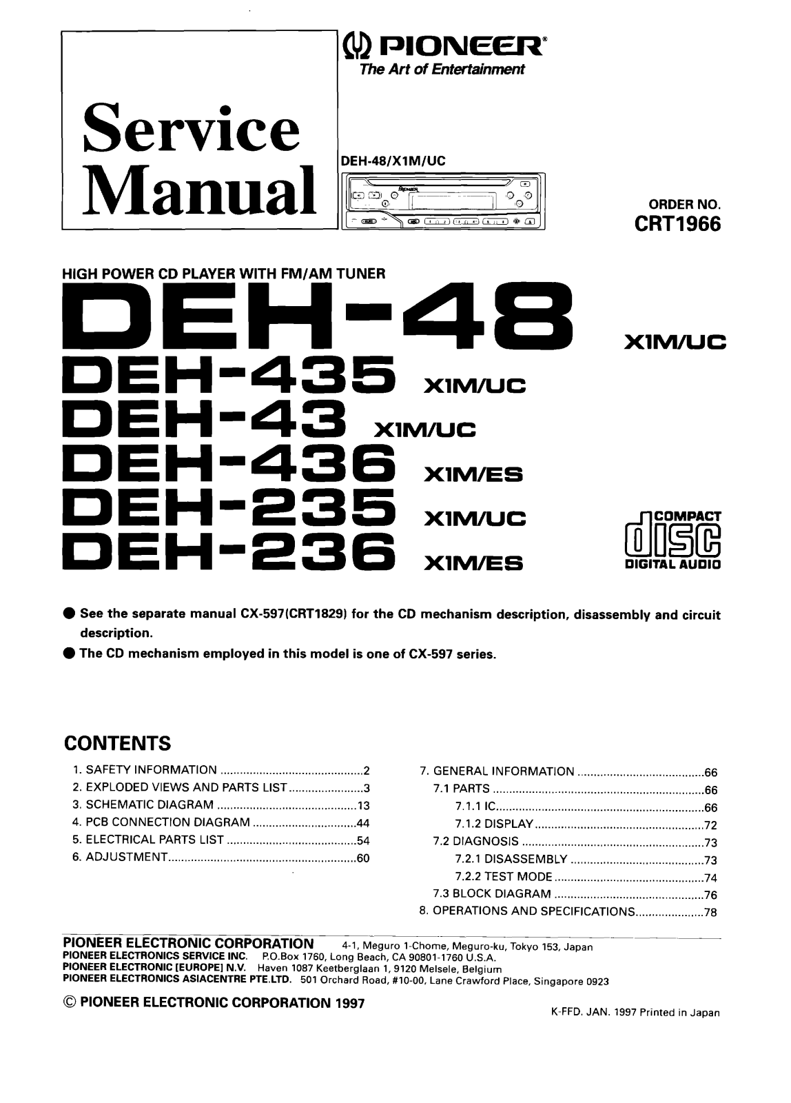 PIONEER DEH 435, DEH 43, DEH 436, DEH 235, DEH 236 Service Manual