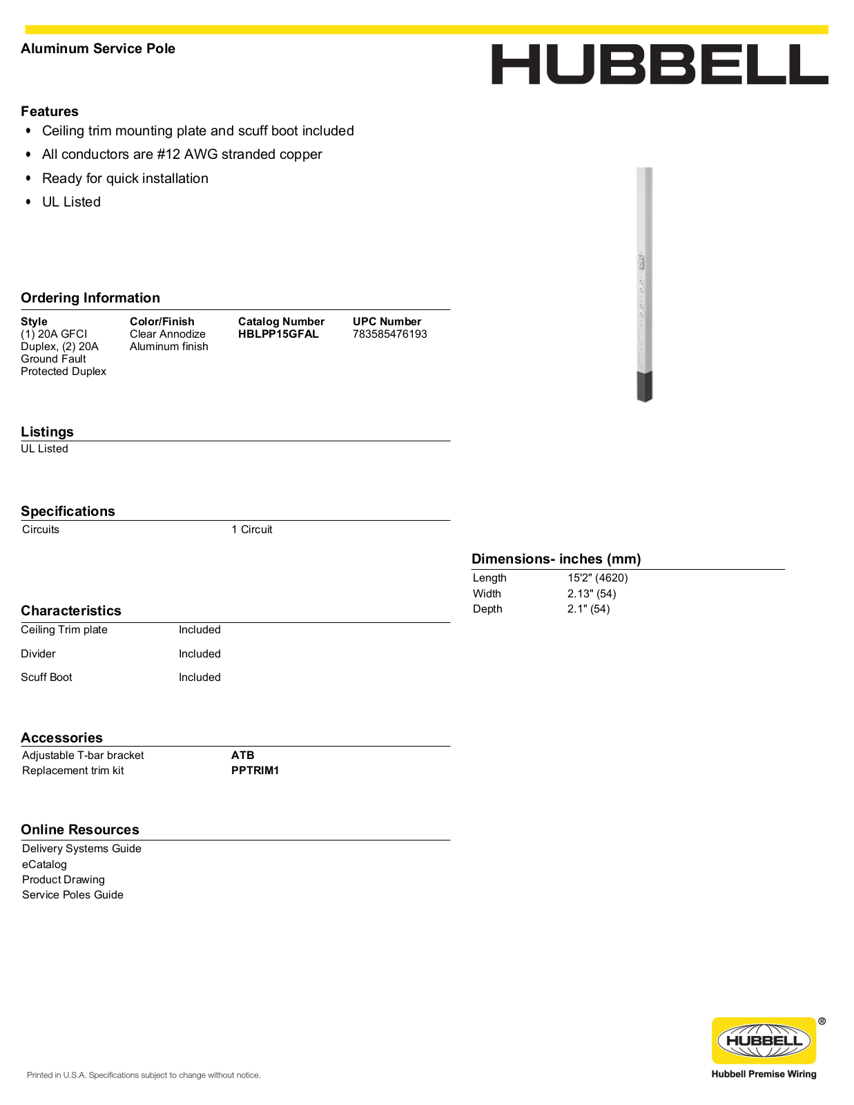 Hubbell HBLPP15GFAL Specifications