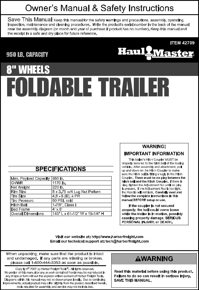 Harbor Freight Tools 42709 Owner's Manual