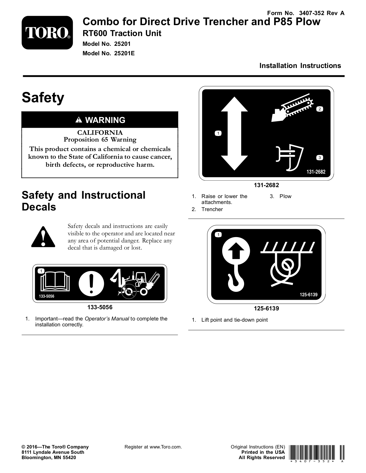 Toro 25201, 25201E Installation Instructions