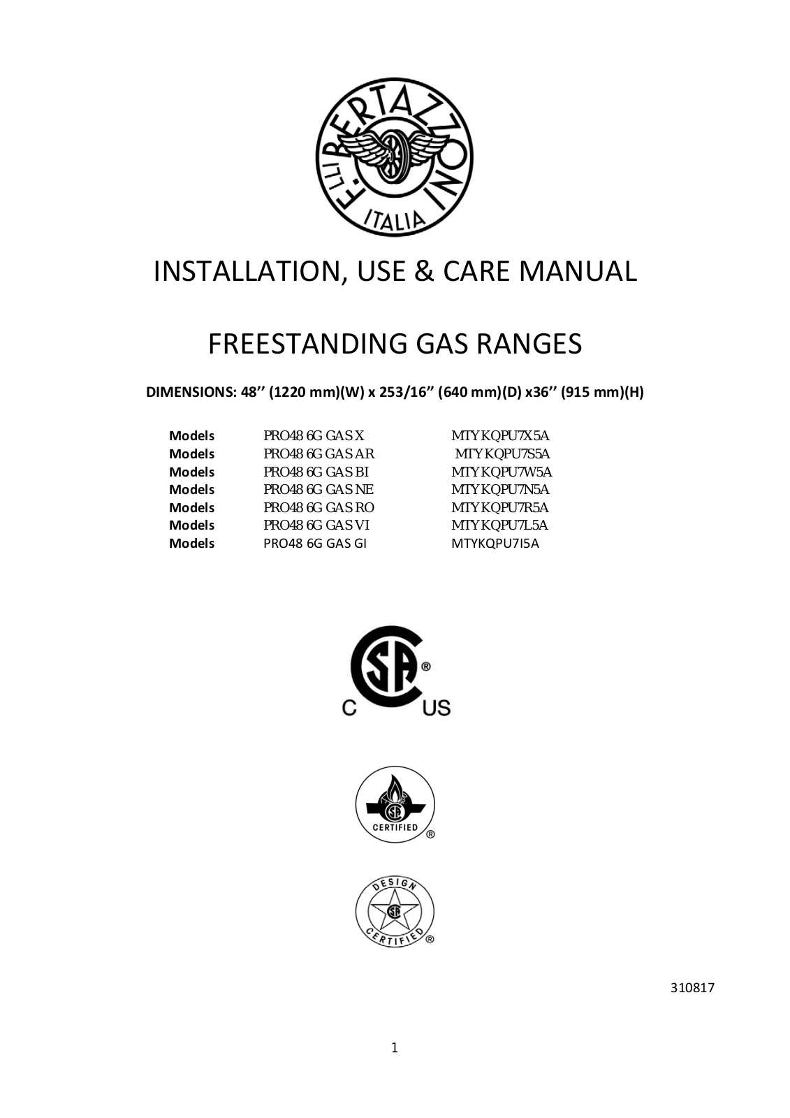 Bertazzoni PRO486GGASXLP, PRO486GGASNELP, PRO486GGASBI, PRO486GGASVI, PRO486GGASBILP Installation Guide