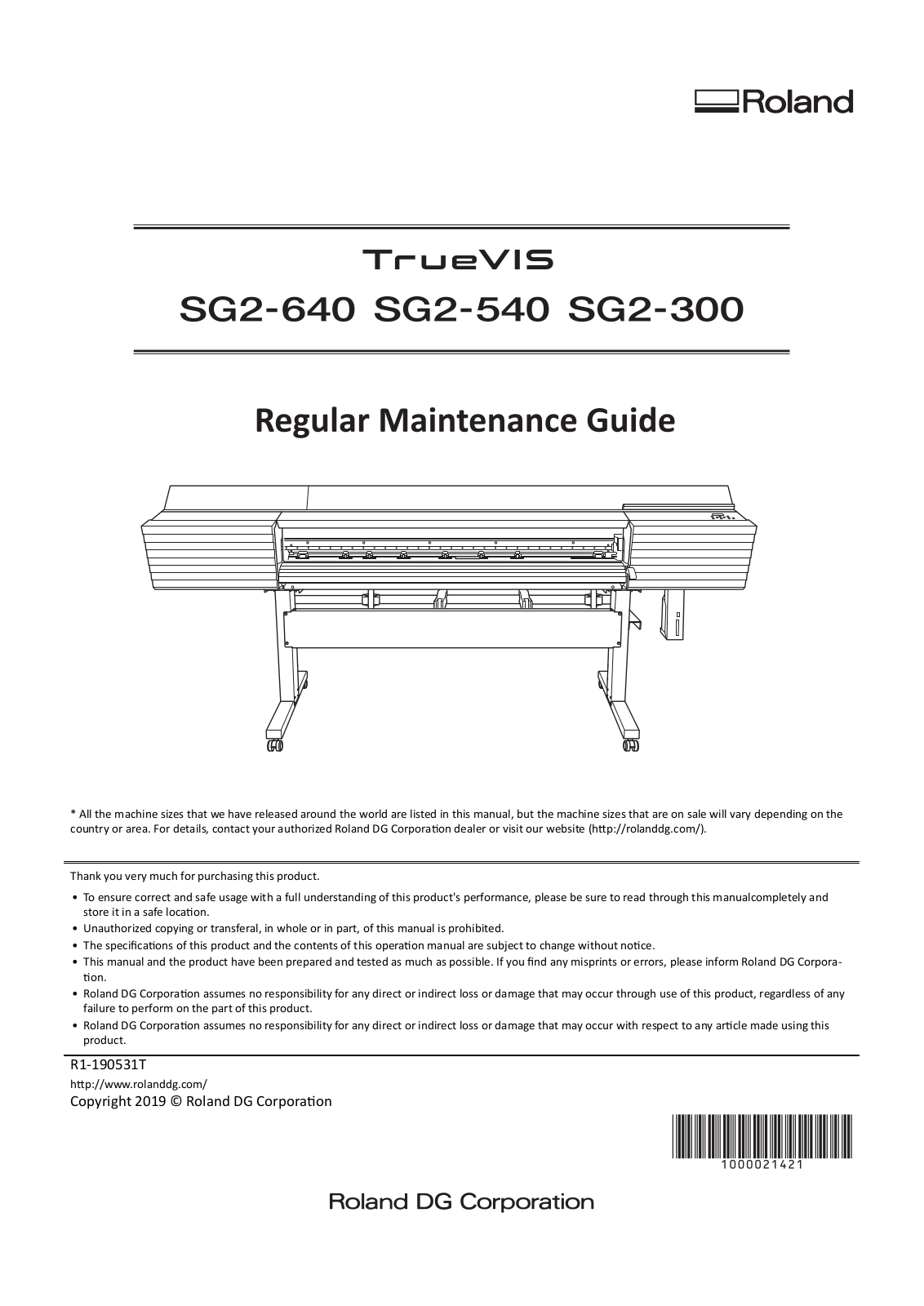 Roland TrueVIS SG2-640, TrueVIS SG2-300, TrueVIS SG2-540 Regular Maintenance Manual