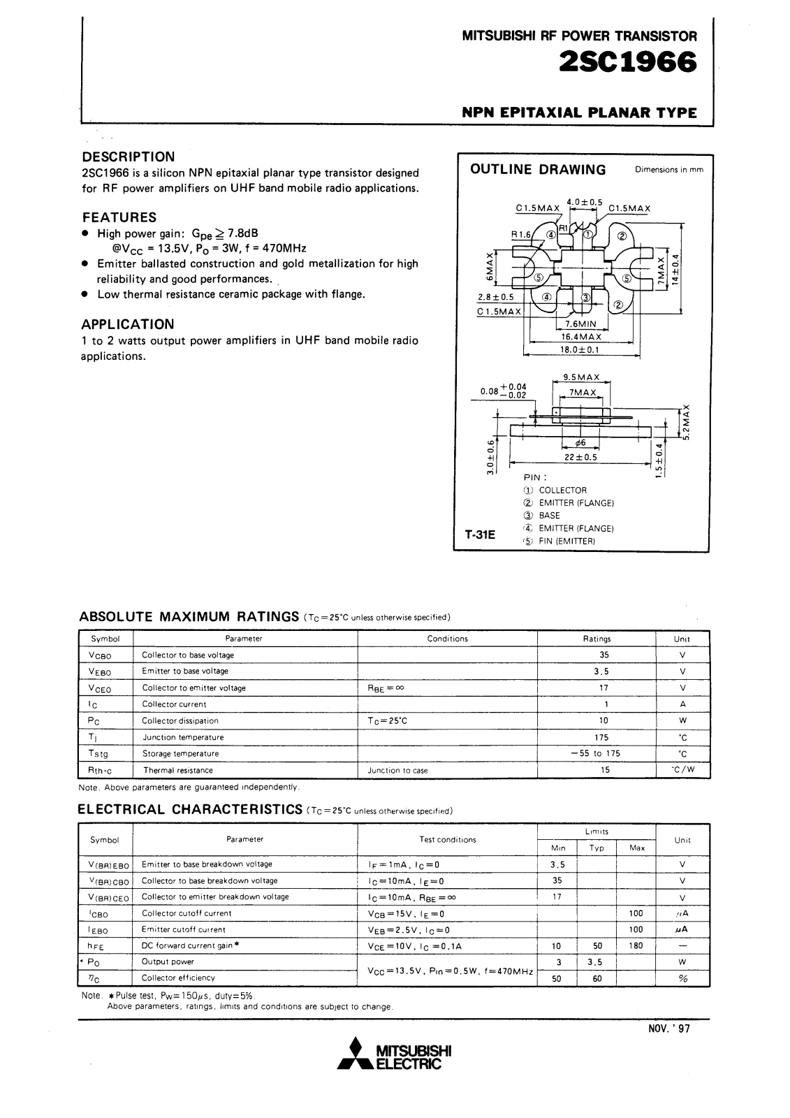 Mitsubishi Electric Corporation Semiconductor Group 2SC1966 Datasheet