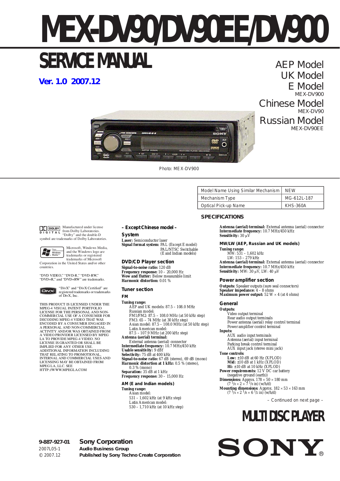 Sony MEX-DV90, MEX-DV90EE, MEX-DV900 Schematic