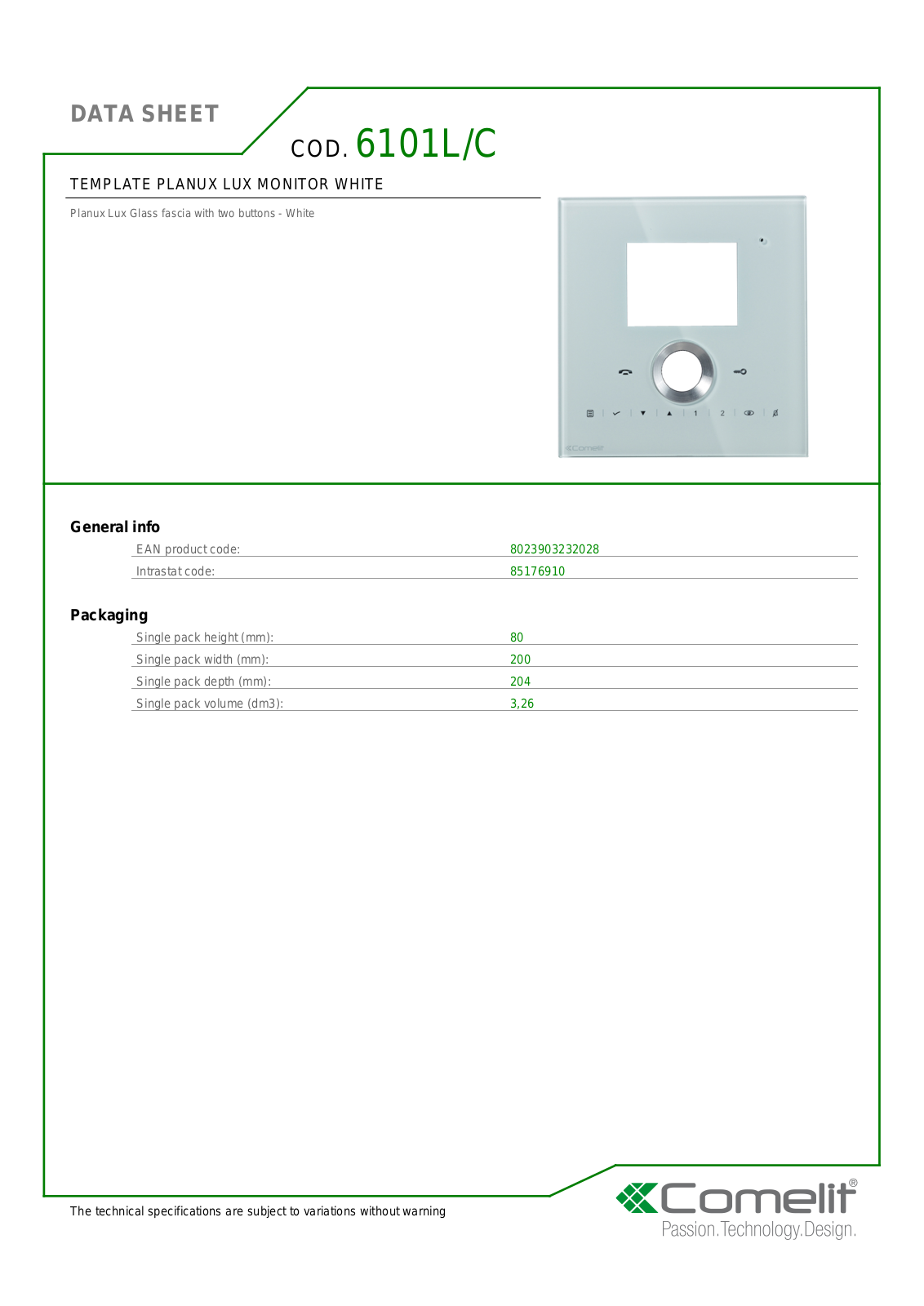 Comelit 6101L-C Specsheet