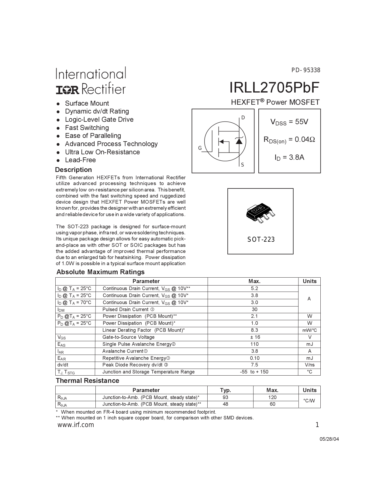 Datasheet IRLL2705PBF Datasheet - ManualMachine.com