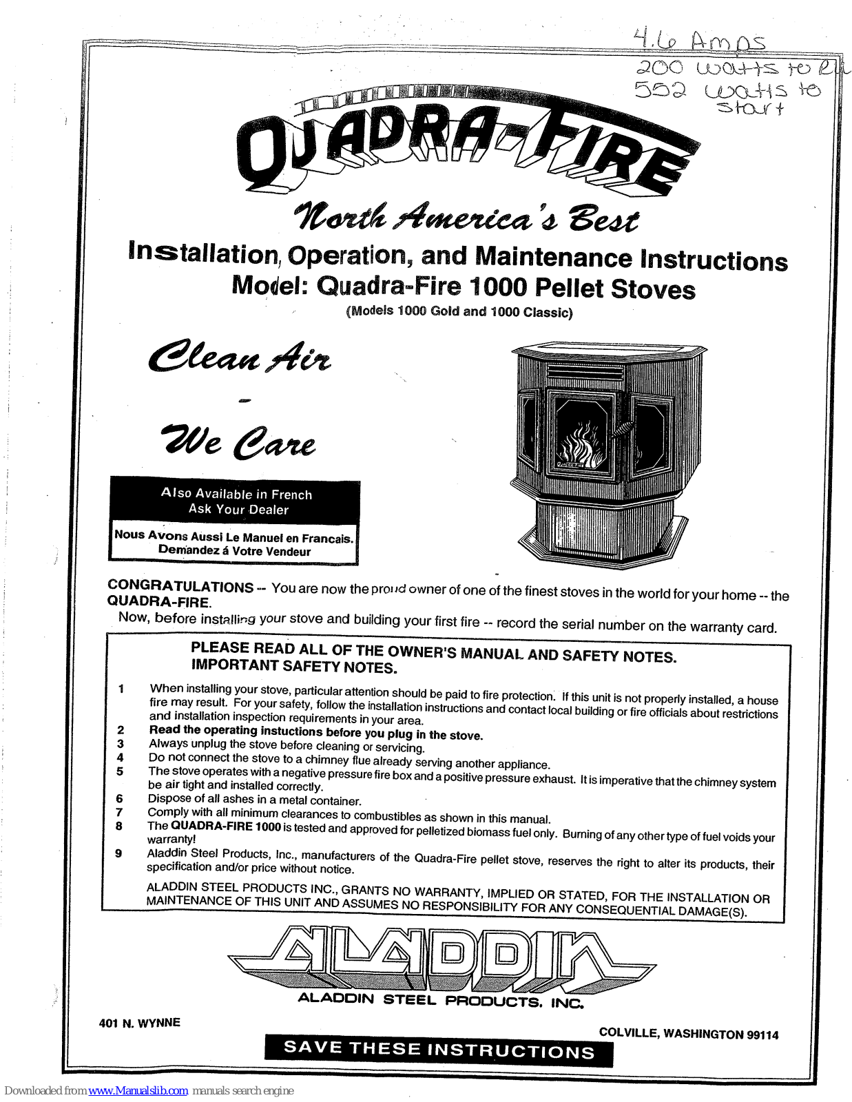 Quadra-Fire 1000 Gold, 1000 Classic Installation Operation & Maintenance