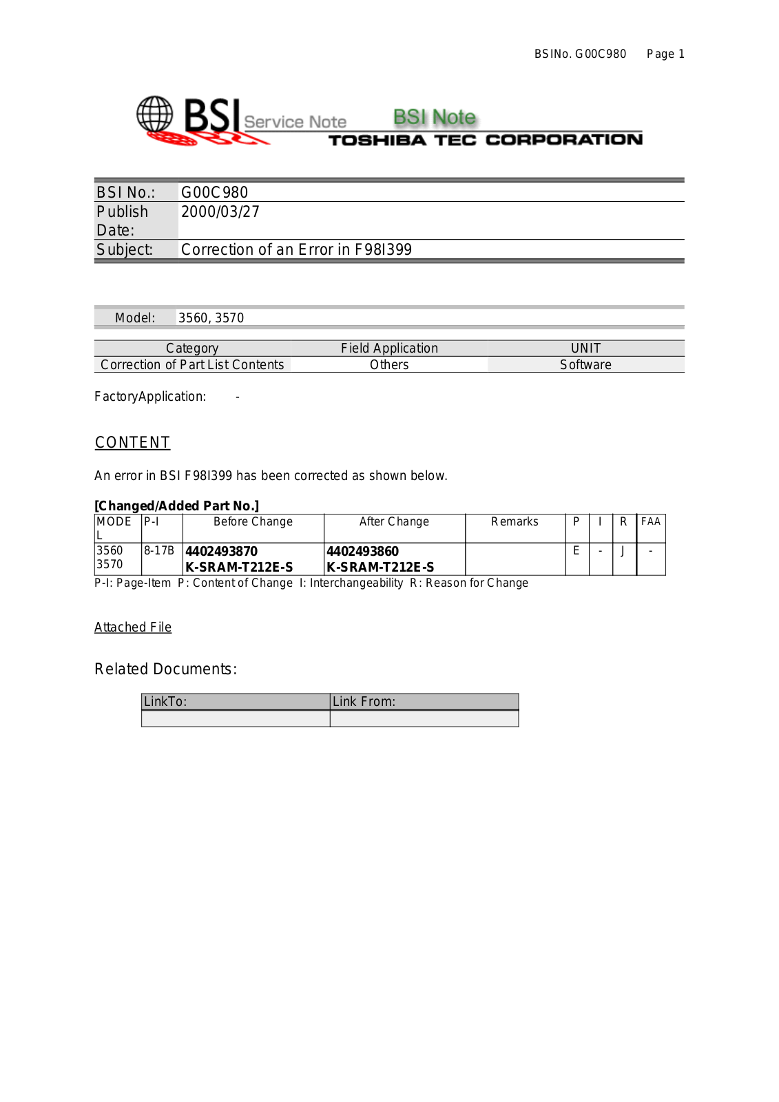 Toshiba g00c980 Service Note