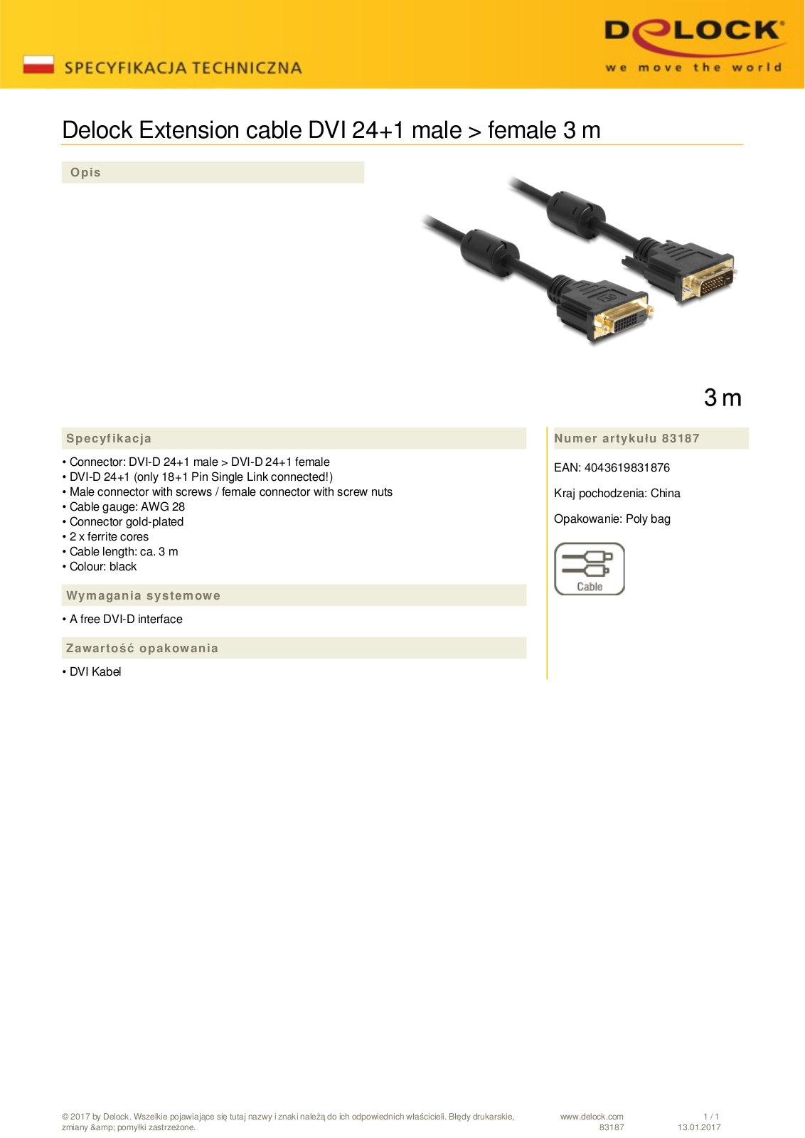 DeLOCK DVI 24+1 extension cable 3m black User Manual