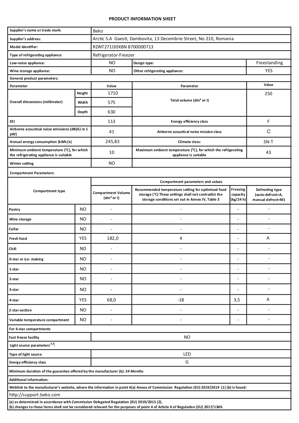 Beko RDNT271I30XBN PRODUCT INFORMATION SHEET