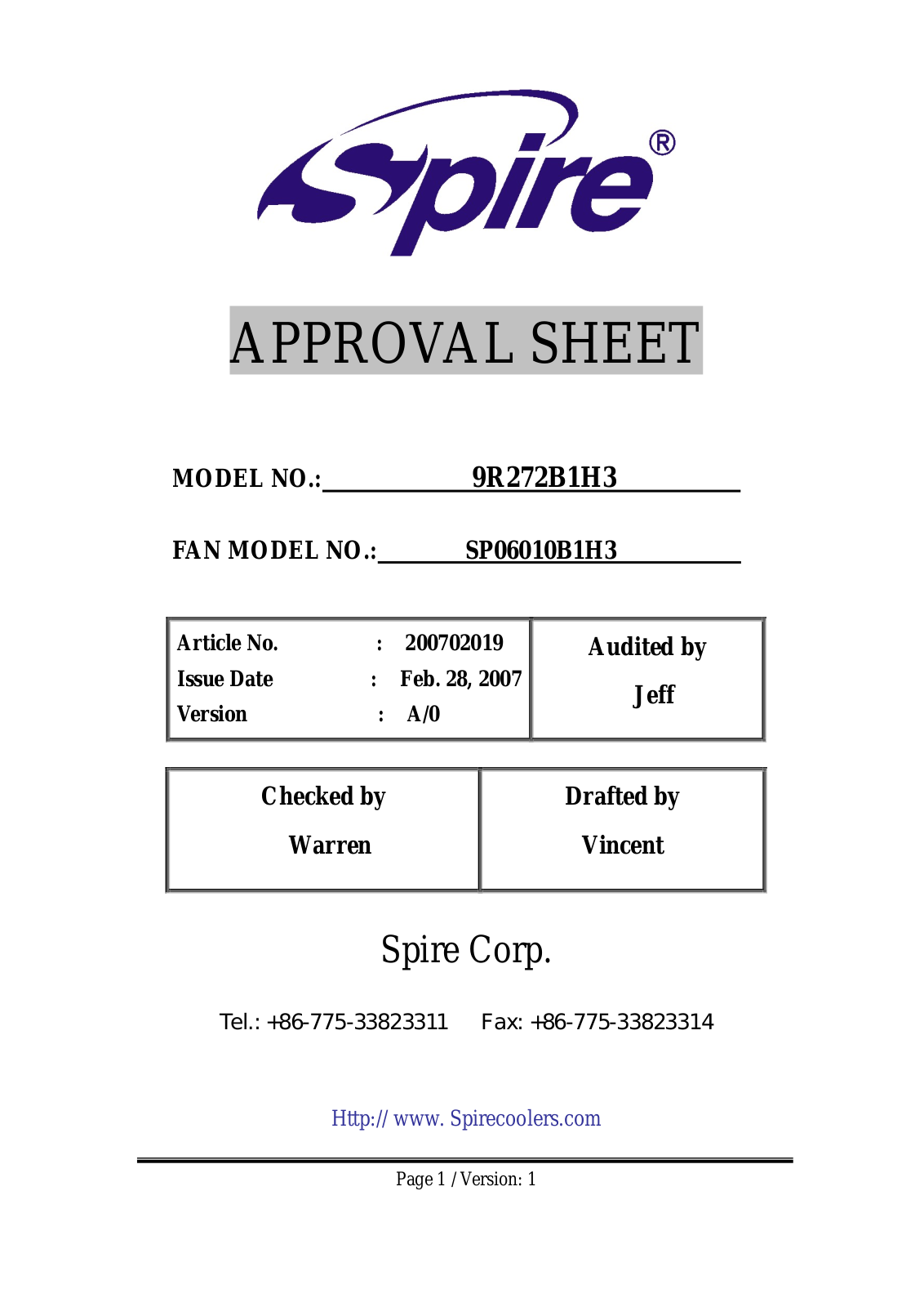 Spire 9R272B1H3 User Manual