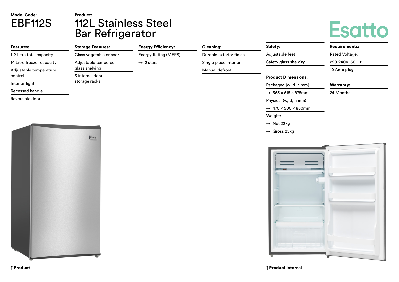 Esatto EBF112S Specifications Sheet