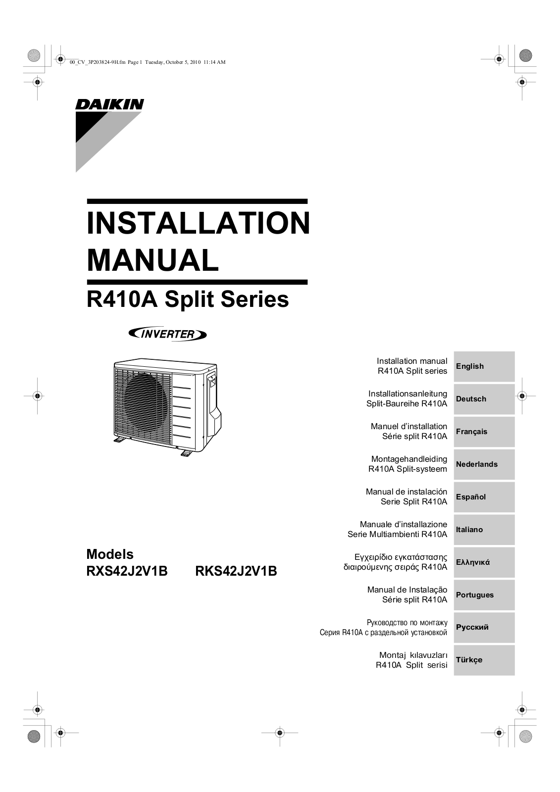 Daikin RXS42J2V1B, RKS42J2V1B Installation manuals