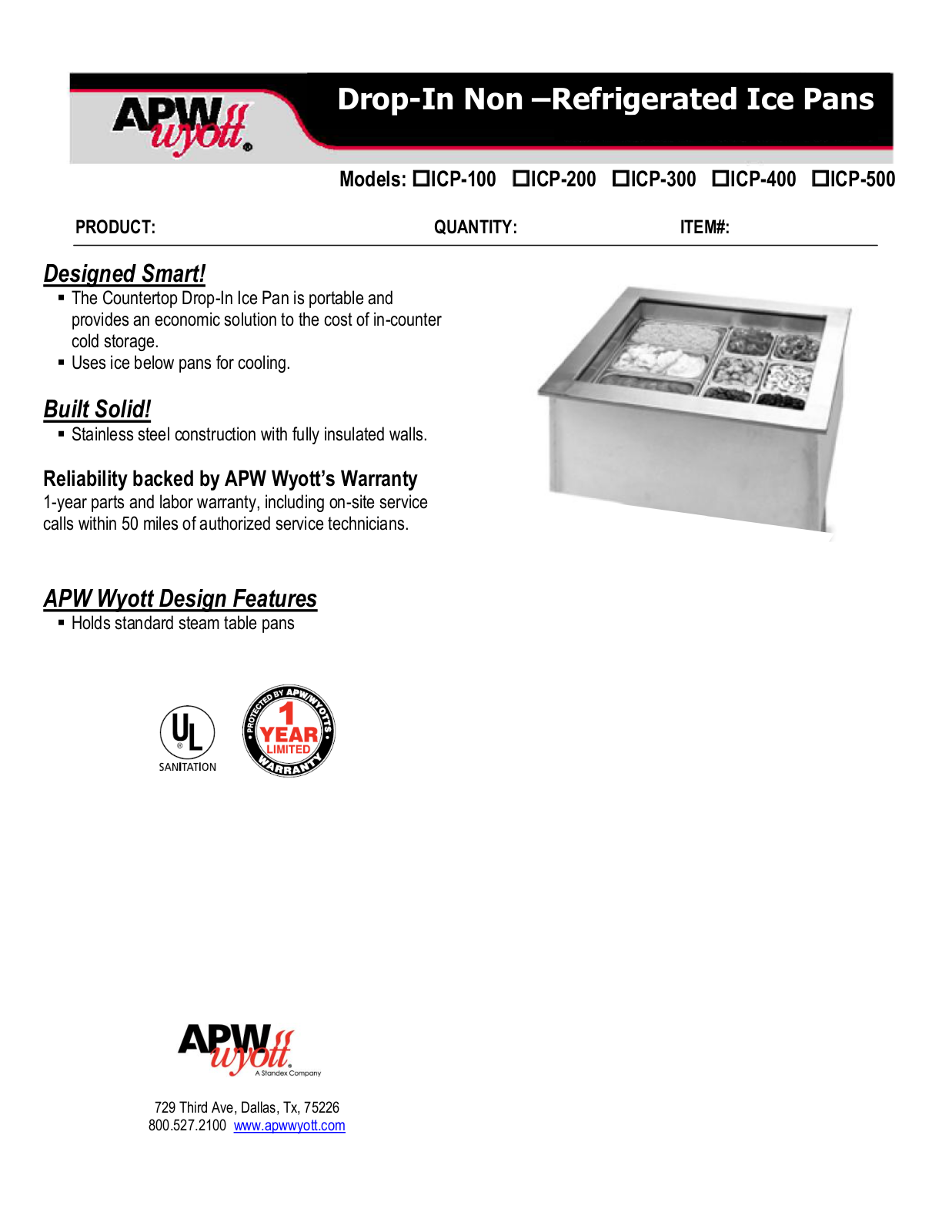 APW Wyott ICP-100 Specifications