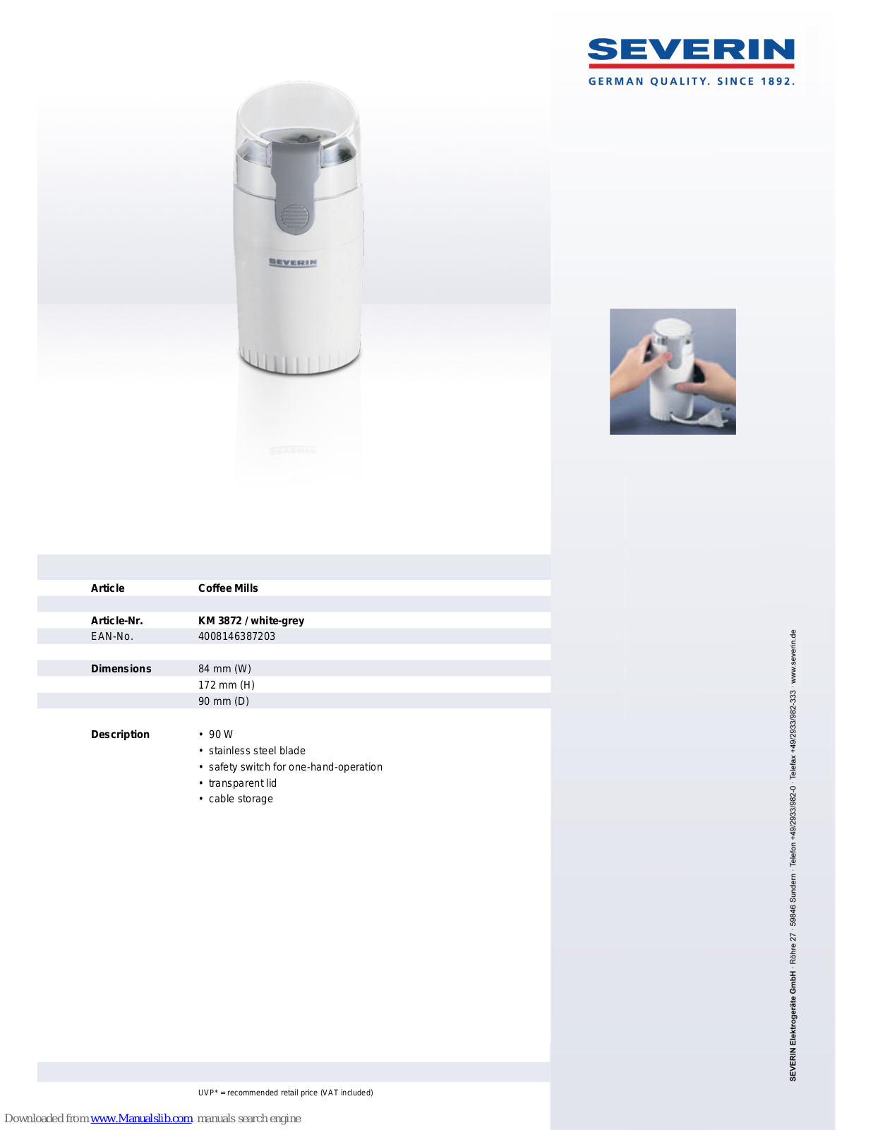 SEVERIN COFFEE MILLS - DATASHEET 2, KM 3872 Dimensions - ManualMachine.com
