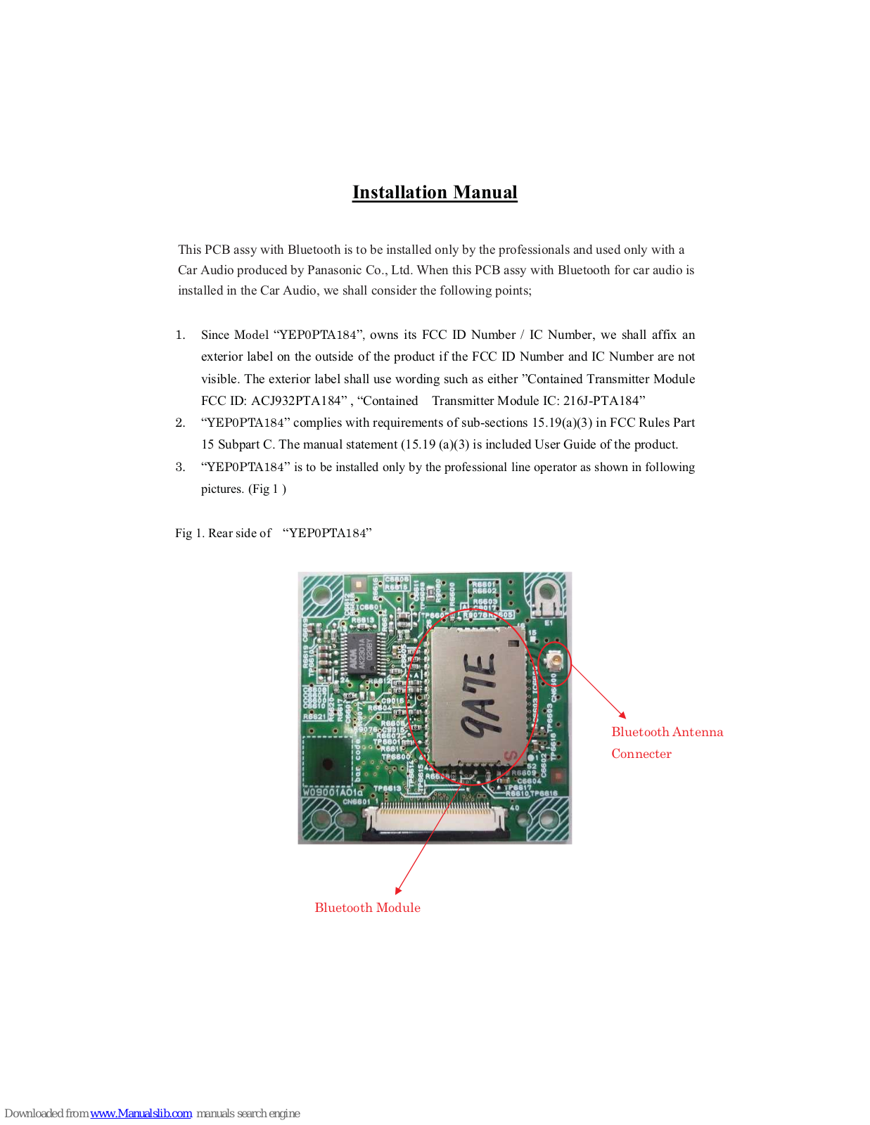 Panasonic YEP0PTA184 Installation Manual