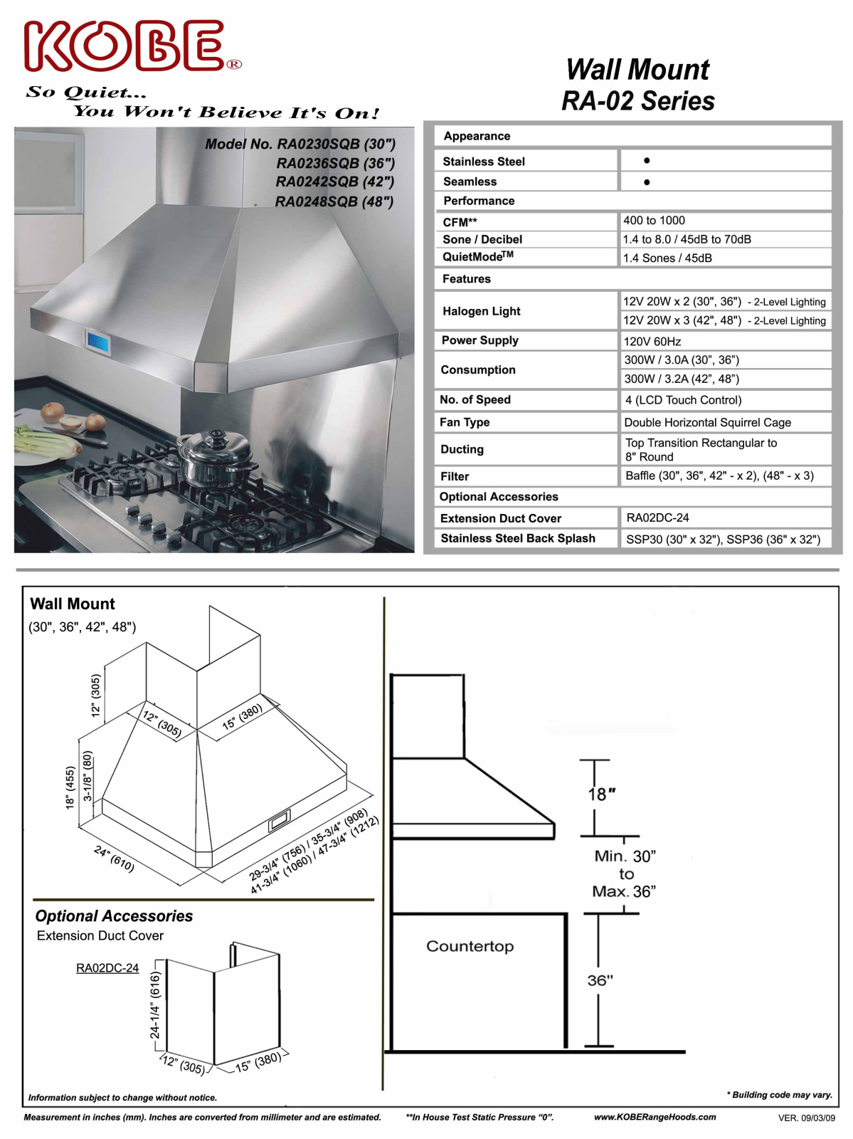 Kobe RA0242SQB Specifications