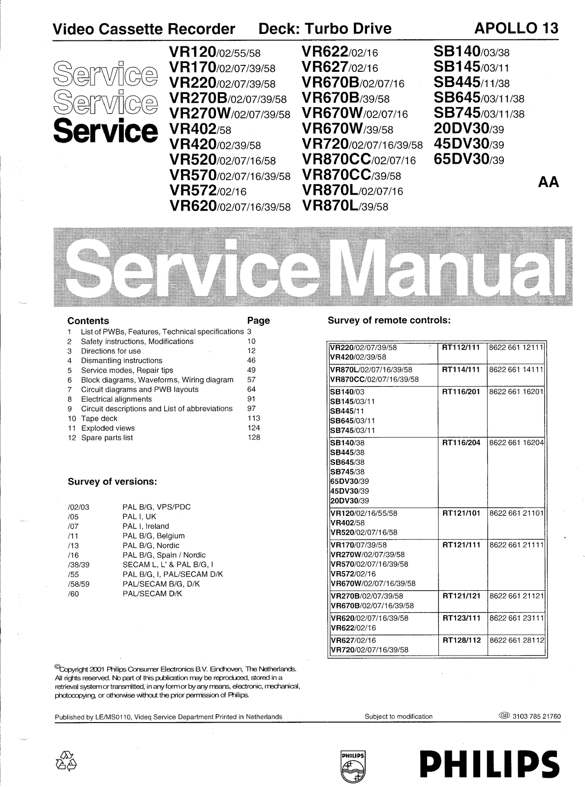 Philips VR120, VR170, VR220, VR270B Schematic