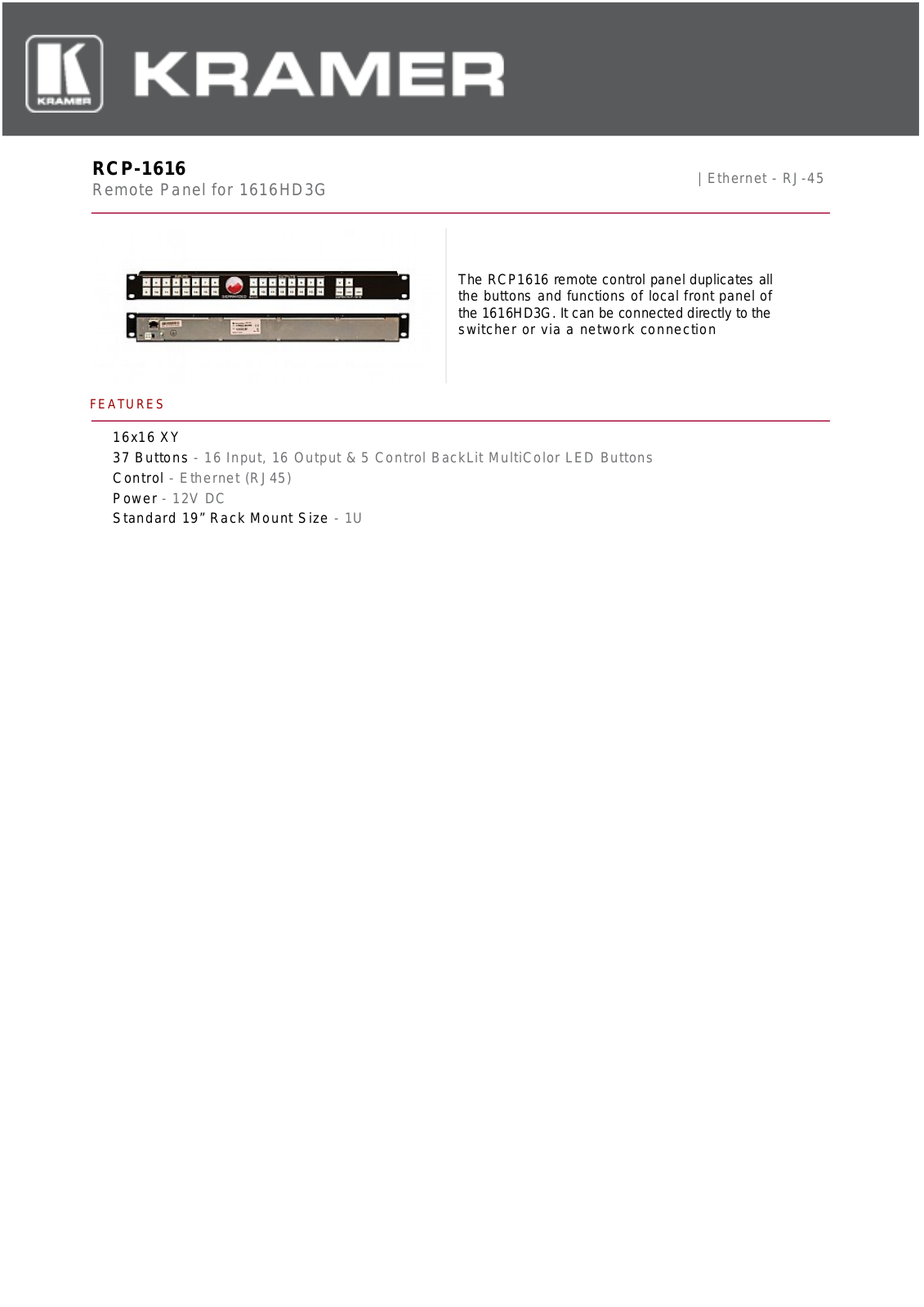 Sierra Video Systems RCP-1616 Datasheet