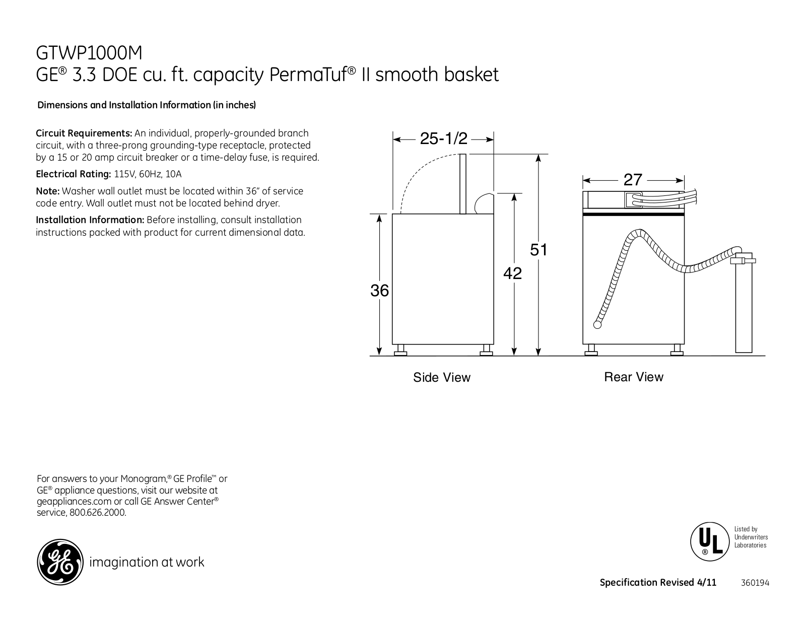 GE GTWP1000MWW Specification