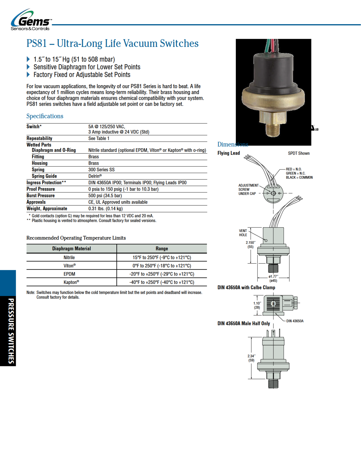 Gems Sensors & Controls PS81 Catalog Page