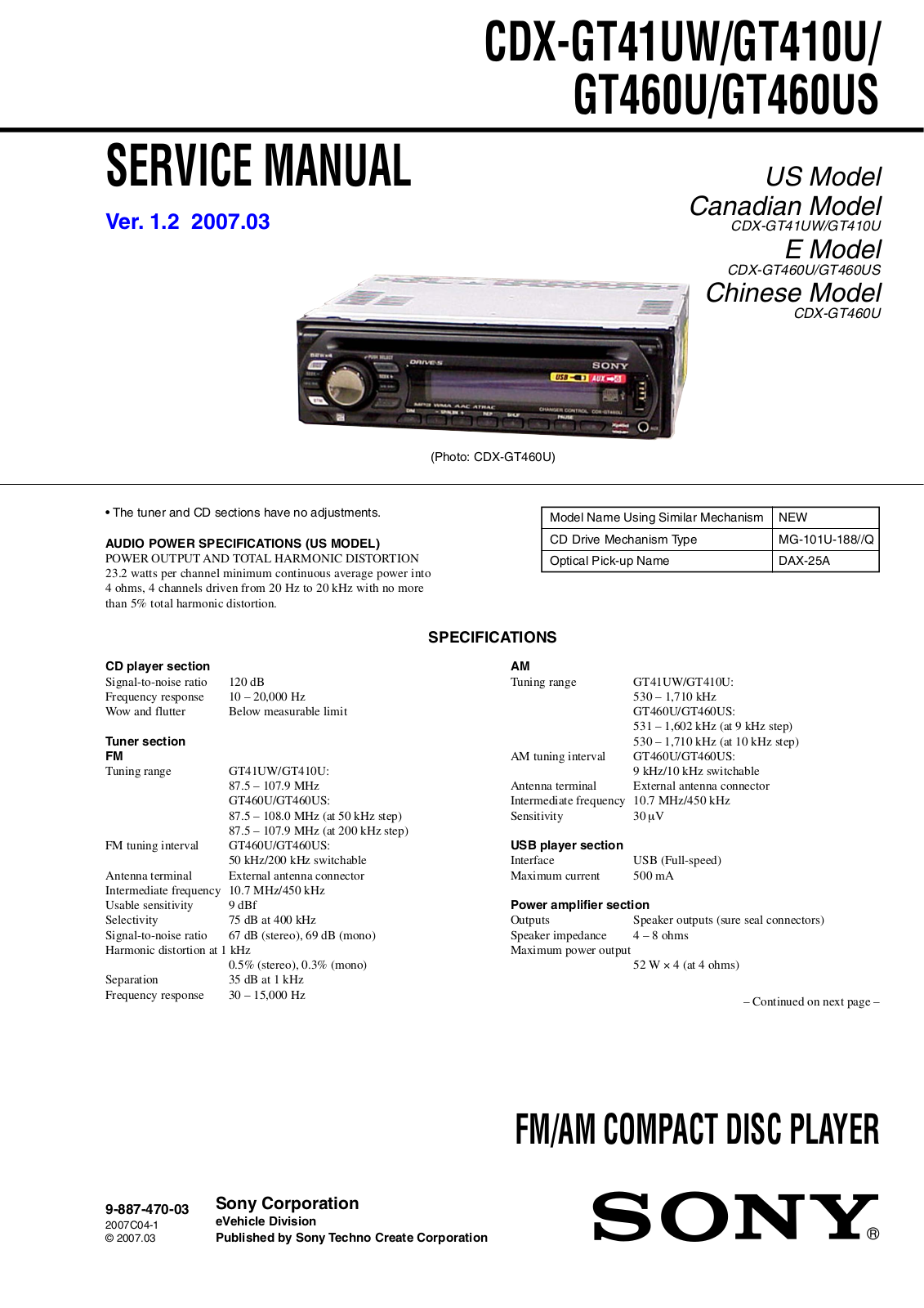 Sony CDX-GT410, CDX-GT460 Schematic