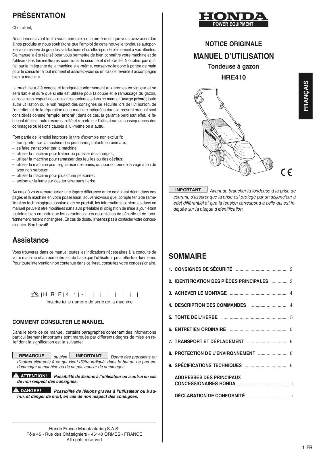 HONDA HRE 410 PE User Manual