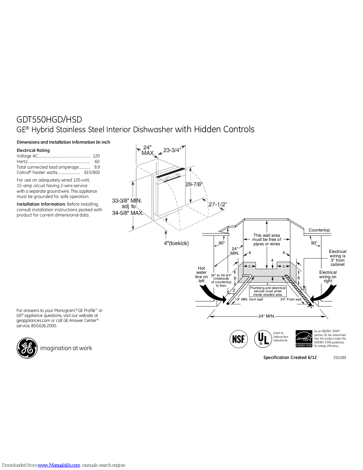 GE GDT550HSDSS, GDT550HGD, GDT550HSD Dimensions And Installation Information