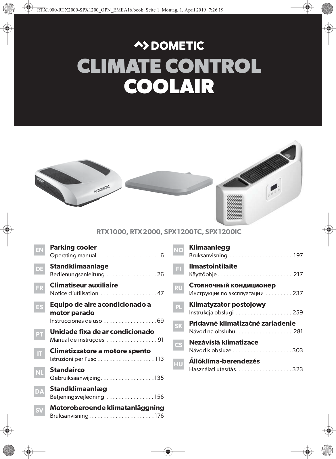 Dometic COOLAIR RTX1000, COOLAIR RTX2000, COOLAIR SPX1200TC, COOLAIR SPX1200IC, RTX1000 Operating manual