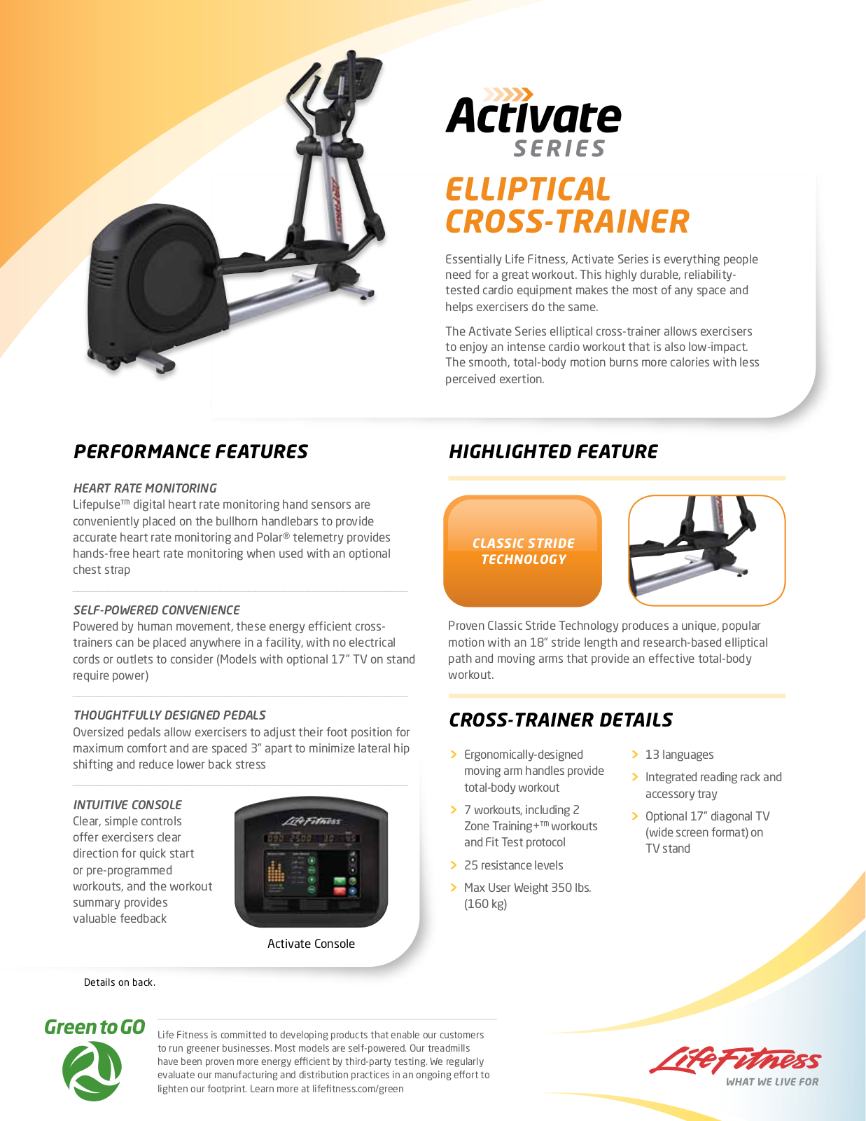 Life Fitness Activate Series Specification Sheet