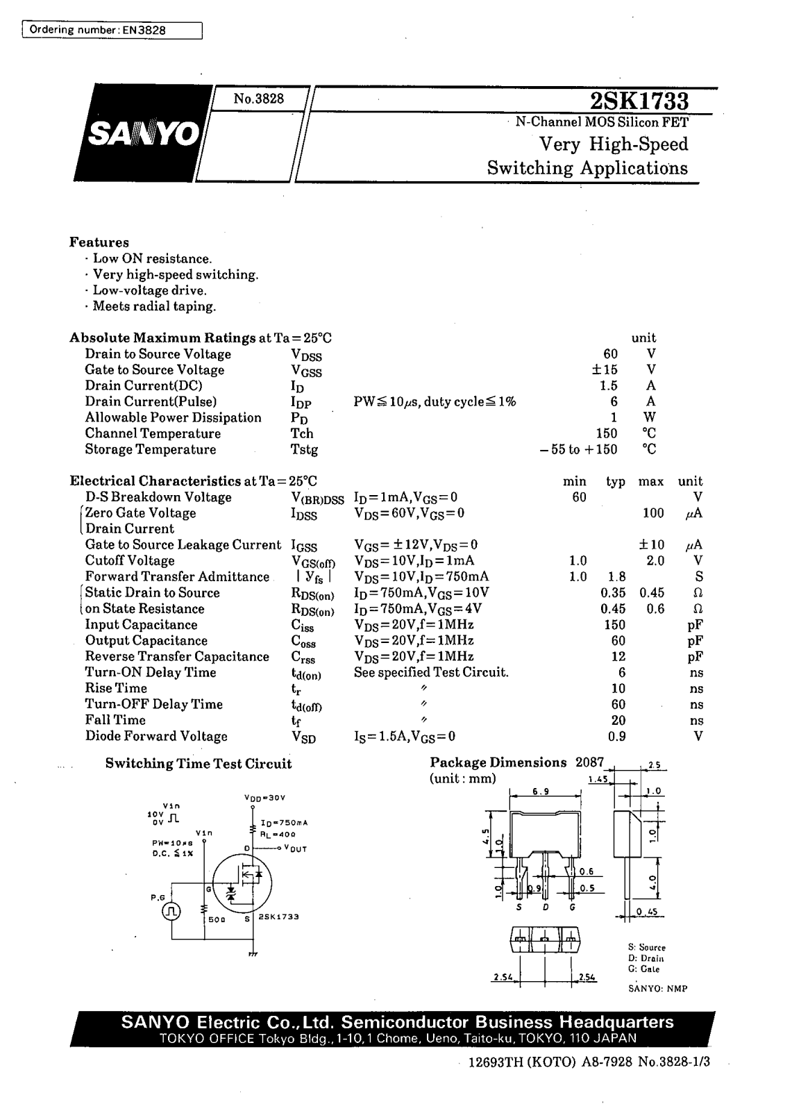 SANYO 2SK1733 Datasheet