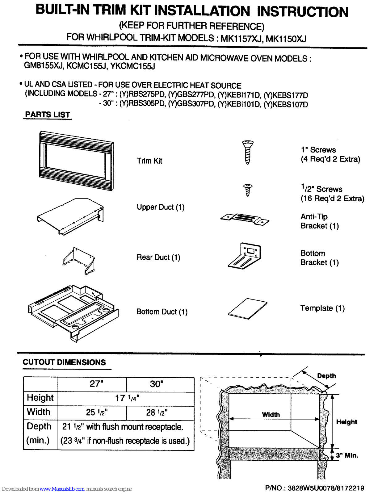 KitchenAid MK1157XJ, MK1150XJ Installation Instructions Manual