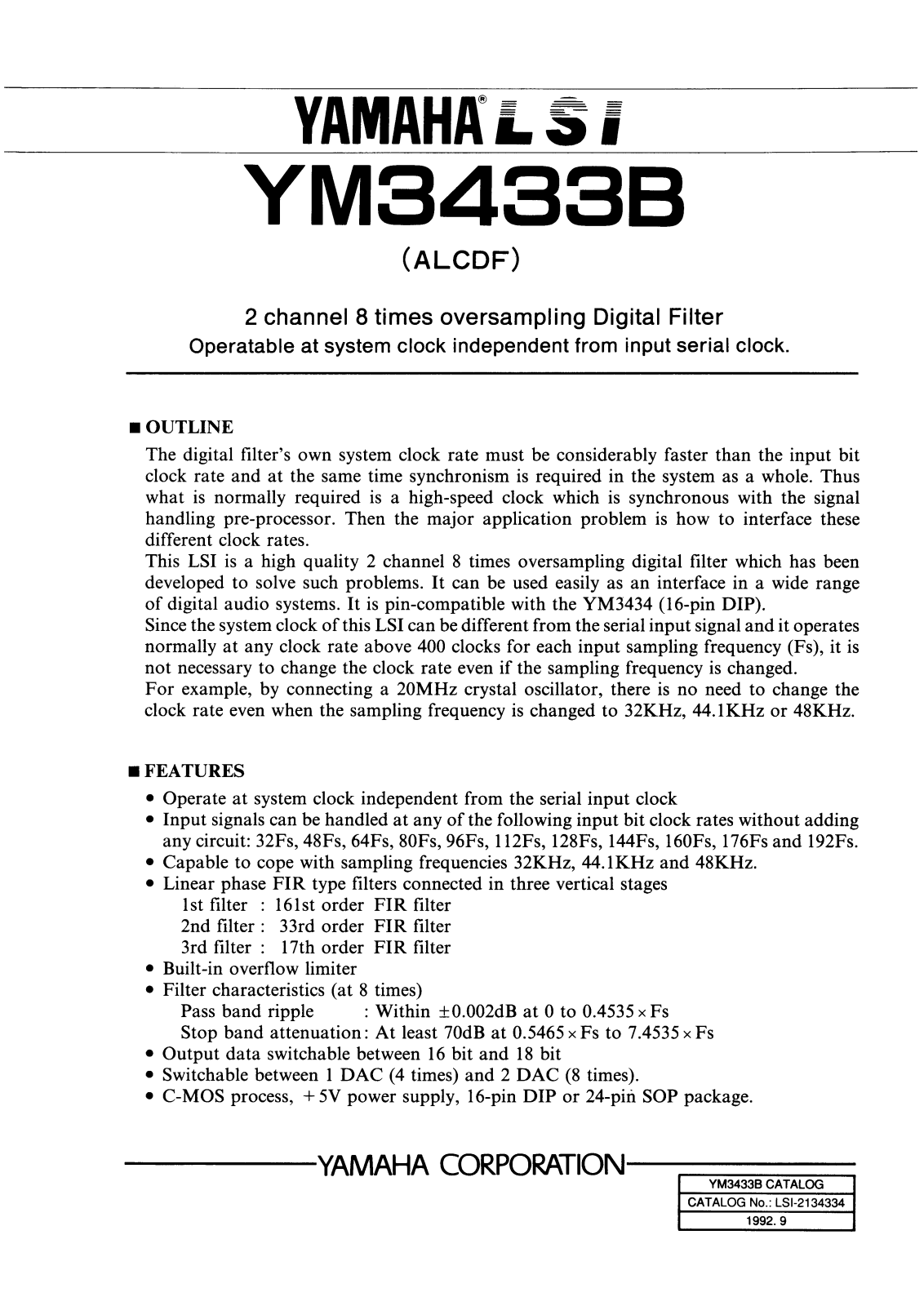 YAMAHA YM3433B-F, YM3433B-D Datasheet