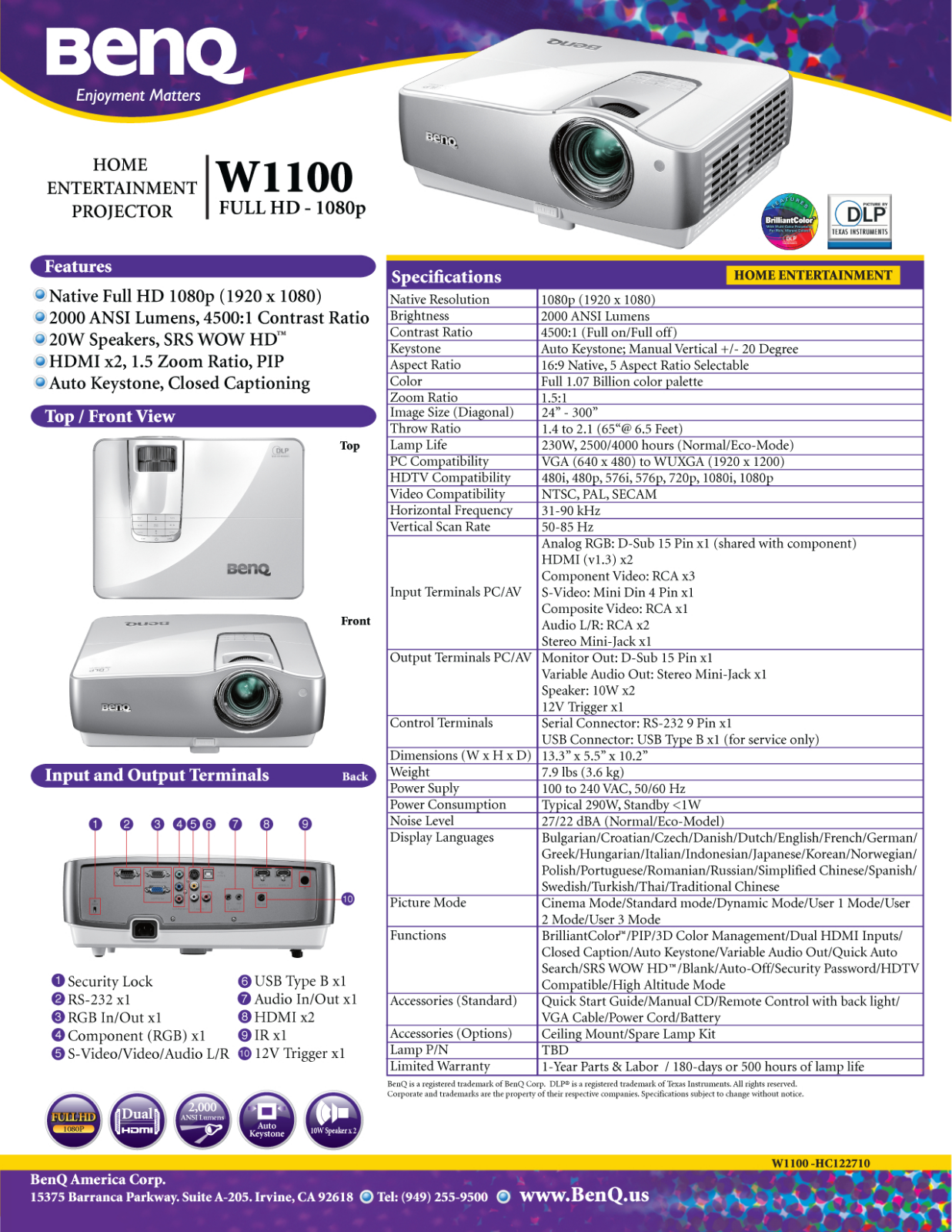 BenQ W1100 Product Sheet