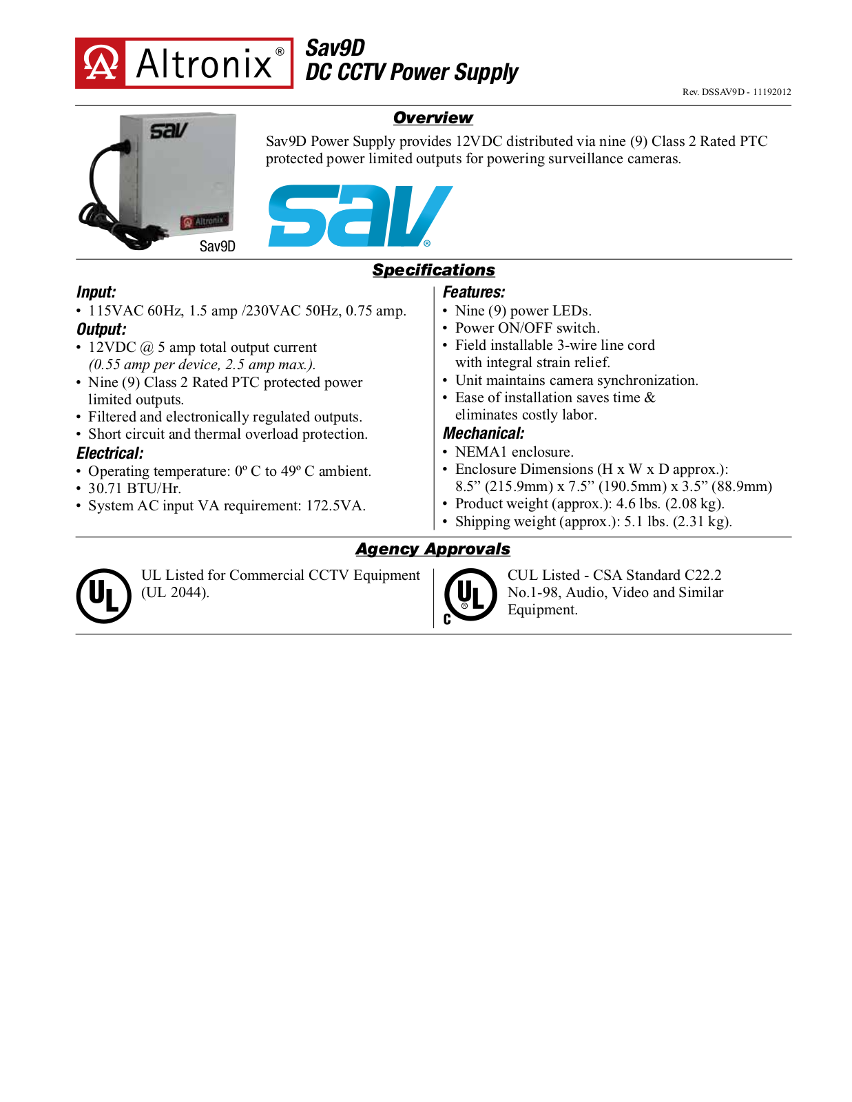 Altronix Sav9D Data Sheet